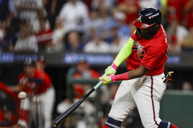 Atlanta Braves center fielder Michael Harris II (23) hits a home run in the second inning against the Philadelphia Phillies in Game 3 of the National League Wildcard Series at Truist Park on Thursday, October 1, 2026 in Atlanta, Georgia.  ATL20261001101 MikexZarrilli