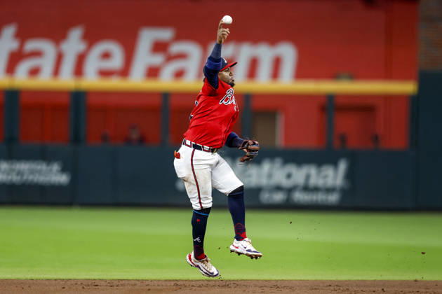 Atlanta Braves second baseman Ozzie Albies (1) makes a play to first base in the first inning against the Philadelphia Phillies in Game 3 of the National League Wildcard Series at Truist Park on Thursday, October 1, 2026 in Atlanta, Georgia. ATL20261001106 MikexZarrilli