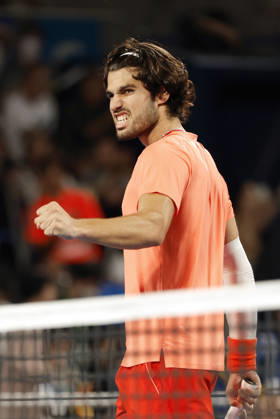 Tennis: Japan Open Carlos Alcaraz of Spain reacts after defeating Alex Michelsen of the United States in the men s singles first round at the Japan Open tennis tournament at Ariake Tennis Forest Park in Tokyo on Oct. 1, 2026. A14AA0005629708P