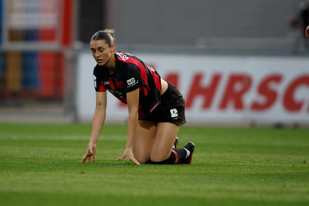Soccer I Women s I 2026–2027 Season I Bundesliga I Bayer 04 Leverkusen vs. Werder Bremen I October 2, 2026 Selina Ostermeier 2, Bayer 04 Leverkusen is on the ground after a foul and gets back up at the Ulrich Haberland Stadium in Leverkusen, North Rhine-Westphalia, Germany Copyright: xLobeca CedricxSiefkerx