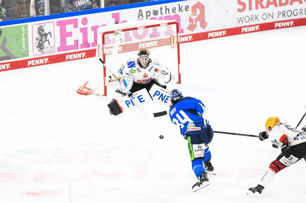Straubing Tigers vs. Pinguins Bremerhaven, Ice Hockey, German Ice Hockey League, Penny DEL, Matchday 5, 2026–2027 Season, October 2, 2026: Jamieson Rees of the Straubing Tigers misses a shot against Kristers Gudlevskis of the Pinguins Bremerhaven, Men’s Ice Hockey, German Ice Hockey League, Penny DEL, Matchday 5, 2026–2027 Season on October 2, 2026, at the Eisstadion am Pulverturm; Straubing Tigers (blue) vs. Pinguins Bremerhaven (white)