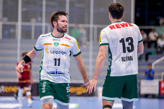 October 2, 2026, Matchday 6 of the 2nd Handball Bundesliga, TuSEM Essen vs. SC DHfK Leipzig: Lukas Binder (SC DHfK Leipzig, No. 11) and Matej Klima (SC DHfK Leipzig, No. 13) celebrating, North Rhine-Westphalia, Germany