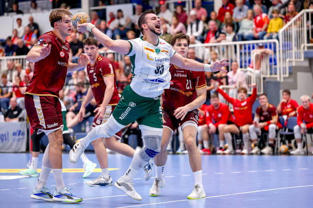 October 2, 2026, Matchday 6 of the 2nd Handball Bundesliga, TuSEM Essen vs. SC DHfK Leipzig: Luka Rogan of SC DHfK Leipzig scores 33 goals, shooting the ball toward the goal in North Rhine-Westphalia, Germany