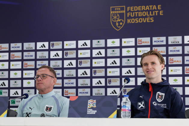 SOCCER - NL, KOS vs AUT PRISTINA,KOSOVO,03.OCT.26 - SOCCER - UEFA Nations League, OEFB international match, Länderspiel, Nationalmannschaft Kosovo vs Austria, preview, press conference, PK, Pressekonferenz team AUT. Image shows head coach Ralf Rangnick and Patrick Wimmer (AUT).  GEPAxpictures xArminxRauthner