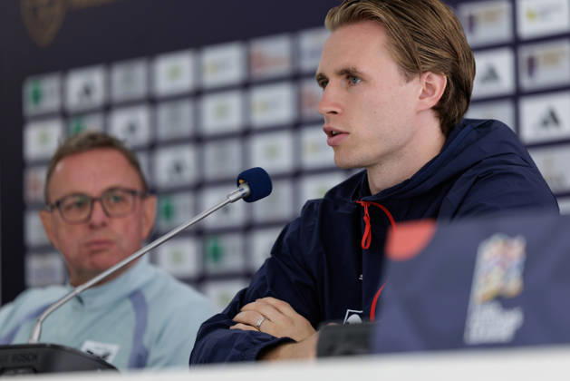 SOCCER - NL, KOS vs AUT PRISTINA,KOSOVO,03.OCT.26 - SOCCER - UEFA Nations League, OEFB international match, Länderspiel, Nationalmannschaft Kosovo vs Austria, preview, press conference, PK, Pressekonferenz team AUT. Image shows head coach Ralf Rangnick and Patrick Wimmer (AUT).  GEPAxpictures xArminxRauthner