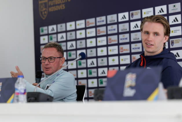 SOCCER - NL, KOS vs AUT PRISTINA,KOSOVO,03.OCT.26 - SOCCER - UEFA Nations League, OEFB international match, Länderspiel, Nationalmannschaft Kosovo vs Austria, preview, press conference, PK, Pressekonferenz team AUT. Image shows head coach Ralf Rangnick and Patrick Wimmer (AUT).  GEPAxpictures xArminxRauthner