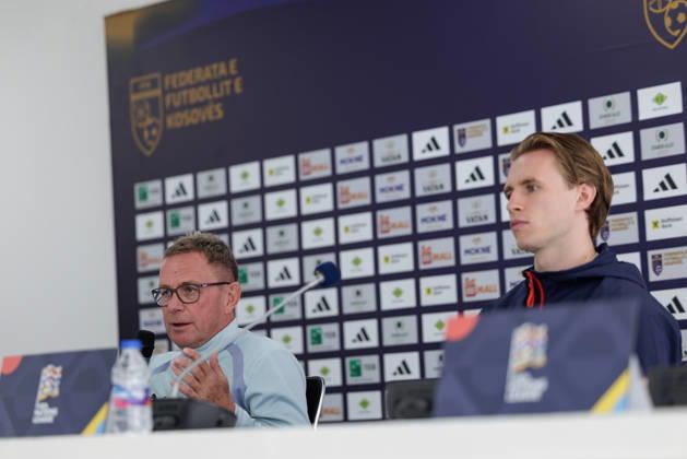 SOCCER - NL, KOS vs AUT PRISTINA,KOSOVO,03.OCT.26 - SOCCER - UEFA Nations League, OEFB international match, Länderspiel, Nationalmannschaft Kosovo vs Austria, preview, press conference, PK, Pressekonferenz team AUT. Image shows head coach Ralf Rangnick and Patrick Wimmer (AUT).  GEPAxpictures xArminxRauthner
