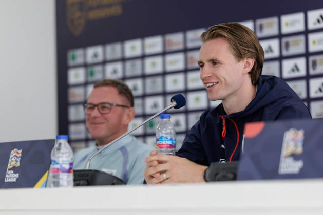 SOCCER - NL, KOS vs AUT PRISTINA,KOSOVO,03.OCT.26 - SOCCER - UEFA Nations League, OEFB international match, Länderspiel, Nationalmannschaft Kosovo vs Austria, preview, press conference, PK, Pressekonferenz team AUT. Image shows head coach Ralf Rangnick and Patrick Wimmer (AUT).  GEPAxpictures xArminxRauthner