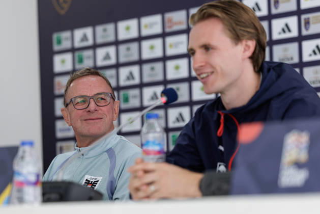 SOCCER - NL, KOS vs AUT PRISTINA,KOSOVO,03.OCT.26 - SOCCER - UEFA Nations League, OEFB international match, Länderspiel, Nationalmannschaft Kosovo vs Austria, preview, press conference, PK, Pressekonferenz team AUT. Image shows head coach Ralf Rangnick and Patrick Wimmer (AUT).  GEPAxpictures xArminxRauthner