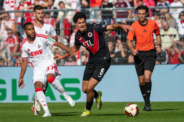 Tackle between Linton Maina (1 FC Köln, 37) and Jakob Sachse (Viktoria Köln, 09); FC Viktoria Köln vs. FC Hansa Rostock, Soccer, 3. Liga, Matchday 5, 2026–2027 Season, September 11, 2026 DFL DFB regulations prohibit any use of photographs as image sequences and or quasi-video FC Viktoria Cologne vs. FC Hansa Rostock, soccer, 3rd Division, Matchday 5, 2026–2027 season, September 11, 2026, Cologne Copyright: xEibner-Pressefoto ThomasxHaeslerx EP_THR