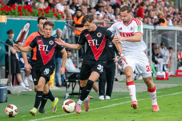 A tackle between Alexander Prokopenko of Viktoria Cologne, 30, and Luis Stapelmann of 1. FC Cologne, 38. Next to them is Niklas Jahn of Viktoria Cologne, 16. FC Viktoria Cologne vs. FC Hansa Rostock, soccer, 3. Liga, Matchday 5, 2026–2027 season, September 11, 2026 DFL DFB regulations prohibit any use of photographs as image sequences and or quasi-video FC Viktoria Cologne vs. FC Hansa Rostock, soccer, 3. Liga, Matchday 5, 2026–2027 season, September 11, 2026, Cologne Copyright: xEibner-Pressefoto ThomasxHaeslerx EP_THR