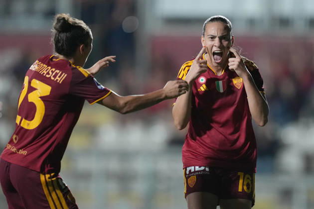 Roma™s Alice Corelli celebrates after scoring during the Serie A Women soccer match between Roma and Lazio at the Rome s Tre Fontane stadium, Italy - Saturday October 3, 2026 - Soccer ( Photo by Alfredo Falcone LaPresse ) Copyright: xAlfredoxFalcone LaPressex