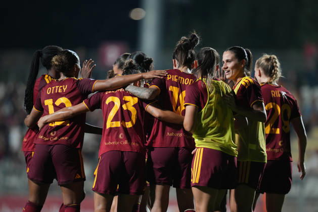 Roma™s Alice Corelli celebrates after scoring during the Serie A Women soccer match between Roma and Lazio at the Rome s Tre Fontane stadium, Italy - Saturday October 3, 2026 - Soccer ( Photo by Alfredo Falcone LaPresse ) Copyright: xAlfredoxFalcone LaPressex