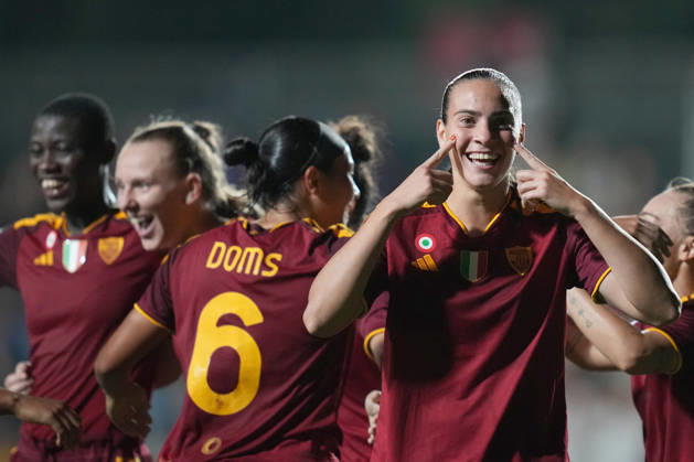 Roma™s Alice Corelli celebrates after scoring during the Serie A Women soccer match between Roma and Lazio at the Rome s Tre Fontane stadium, Italy - Saturday October 3, 2026 - Soccer ( Photo by Alfredo Falcone LaPresse ) Copyright: xAlfredoxFalcone LaPressex