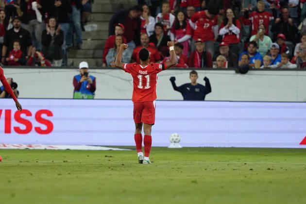 Luzern, Switzerland - October 03: Dan Ndoye (11 SUI) celebrates his goal during the UEFA Nations League match between Switzerland and Slovenia at thermoplan arena on October 03, 2026 in Luzern, Switzerland. Copyright: xKjetilxWaberx xSPPx Sportspressphoto_SPR244750