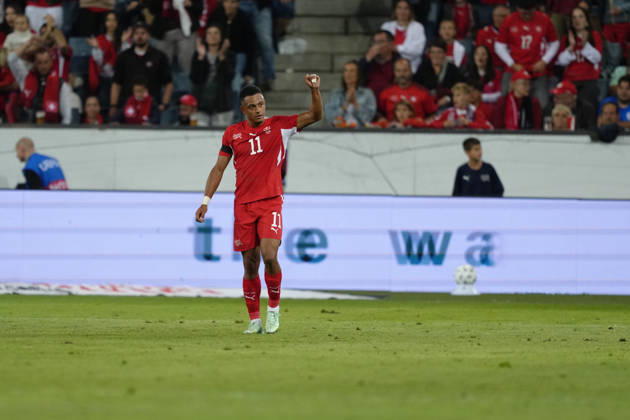 Luzern, Switzerland - October 03: Dan Ndoye (11 SUI) celebrates his goal during the UEFA Nations League match between Switzerland and Slovenia at thermoplan arena on October 03, 2026 in Luzern, Switzerland. Copyright: xKjetilxWaberx xSPPx Sportspressphoto_SPR244751