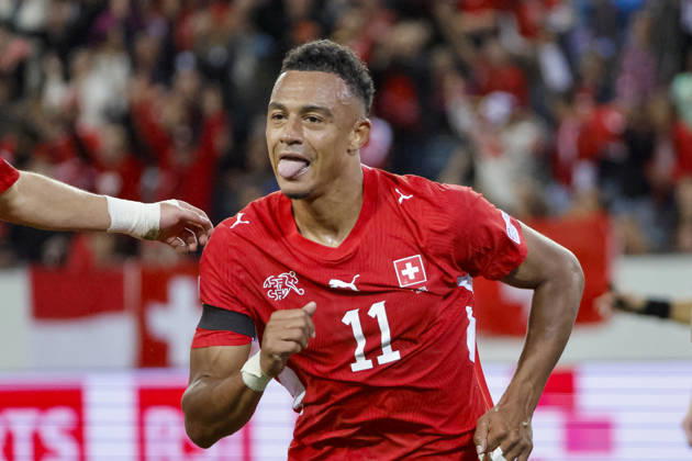 Dan Ndoye celebrates his goal for Switzerland, 11, after scoring to make it 2–1: joy, excitement, positive emotions, goal, Switzerland, UEFA, Nations League, Matchday 3, Switzerland vs. Slovenia, October 3, 2026, Lucerne Swissporarena, Switzerland Copyright: xGrantxHubbsx