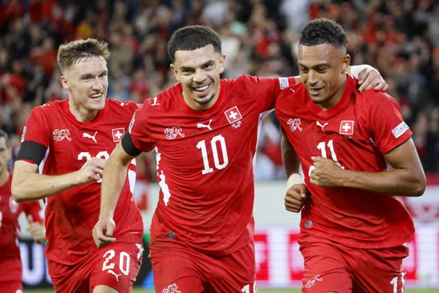 Goal celebration in Switzerland after Dan Ndoye s 2-1 goal, Switzerland, 11, joy, excitement, positive emotions, goal, Switzerland, UEFA, Nations League, Matchday 3, Switzerland vs. Slovenia, October 3, 2026, Lucerne Swissporarena, Switzerland Copyright: xGrantxHubbsx