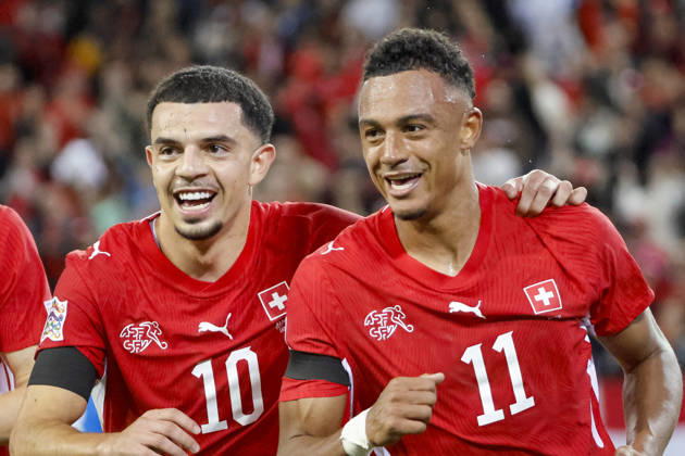 Goal celebration in Switzerland after Dan Ndoye (Switzerland, 11) scores the 2-1 goal; joy, excitement, positive emotions, goal, with Zeki Amdouni (Switzerland, 10); Switzerland, UEFA, Nations League, Matchday 3, Switzerland vs. Slovenia, October 3, 2026, Lucerne Swissporarena, Switzerland Copyright: xGrantxHubbsx