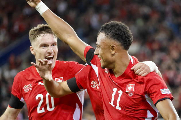 Goal celebration in Switzerland after Dan Ndoye (Switzerland, 11) scores the 2-1 goal; joy, excitement, positive emotions, goal, with Michel Aebischer (Switzerland, 20); Switzerland, UEFA, Nations League, Matchday 3, Switzerland vs. Slovenia, October 3, 2026, Lucerne Swissporarena, Switzerland Copyright: xGrantxHubbsx