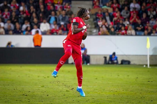 Soccer: UEFA Nations League 2026–2027, Matchday 3: Switzerland vs. Slovenia at Thermoplan Arena in Lucerne; Winsley Boteli’s debut for Switzerland; 19: Joy and excitement as he entered the game; facial expressions, emotions Copyright: xJOERANxSTEINSIEKx