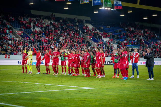 Soccer: UEFA Nations League 2026–2027, Matchday 3: Switzerland vs. Slovenia at Thermoplan Arena in Lucerne—Joy, excitement, and celebration among the Swiss team and fans after their 2–1 home victory Copyright: xJOERANxSTEINSIEKx
