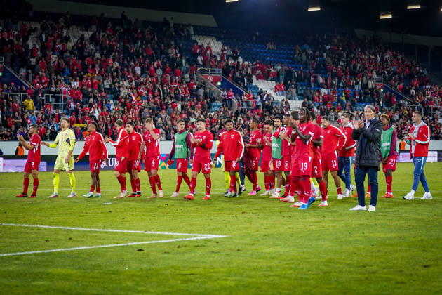 Soccer: UEFA Nations League 2026–2027, Matchday 3: Switzerland vs. Slovenia at Thermoplan Arena in Lucerne—Joy, excitement, and celebration among the Swiss team and fans after their 2–1 home victory Copyright: xJOERANxSTEINSIEKx