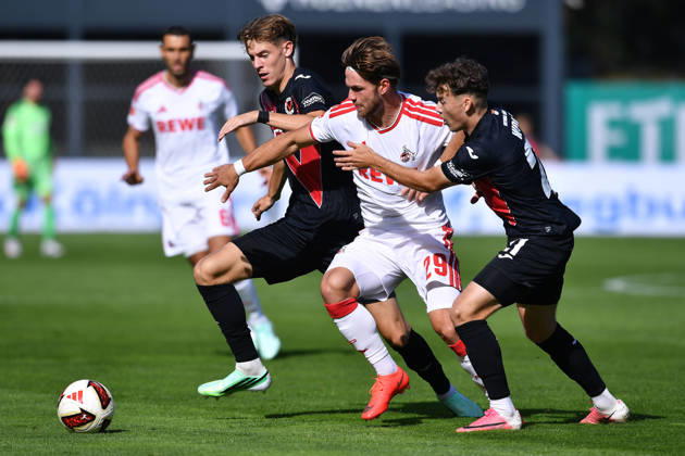 Soccer Friendly Match: FC Viktoria Köln vs. 1. FC Köln on October 3, 2026, at Sportpark Höhenberg in Cologne: Niklas Swider (Cologne), back: Jan Thielmann (Cologne), center: Lucas Wolf (Cologne), front: xRx