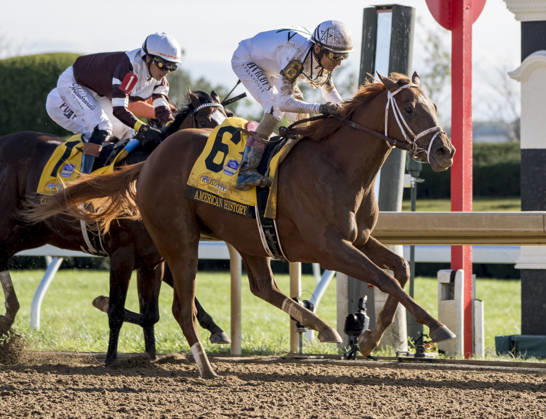 October 3, 2026, Lexington, Ky, USA: American History (6) ridden by John Velazquez wins the Claiborne Breeders Futurity (Grade 1) at Keeneland in Lexington, Kentucky on October 3, 2026. Eclipse Sportswire CSM Lexington USA - ZUMAcs17 20261003_faf_cs17_157 Copyright: xJessicaxMorganx