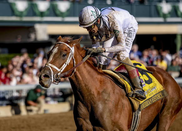 October 3, 2026, Lexington, Ky, USA: American History (6) ridden by John Velazquez wins the Claiborne Breeders Futurity (Grade 1) at Keeneland in Lexington, Kentucky on October 3, 2026. Eclipse Sportswire CSM Lexington USA - ZUMAcs17 20261003_faf_cs17_183 Copyright: xCaseyxLaughterx