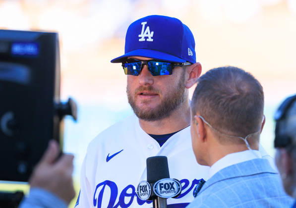 October 3, 2026, Los Angeles, California, USA: Max Muncy 13 of the Los Angeles Dodgers is interviewed after winning a NLDS Game 1 against the Atlanta Braves on Saturday October 3, 2026 at Dodger Stadium in Los Angeles, California. JAVIER ROJAS PI Dodgers Vs. Braves NLDS - Game 1 - ZUMAp124 20261003_zaa_p124_023 Copyright: xJavierxRojasx