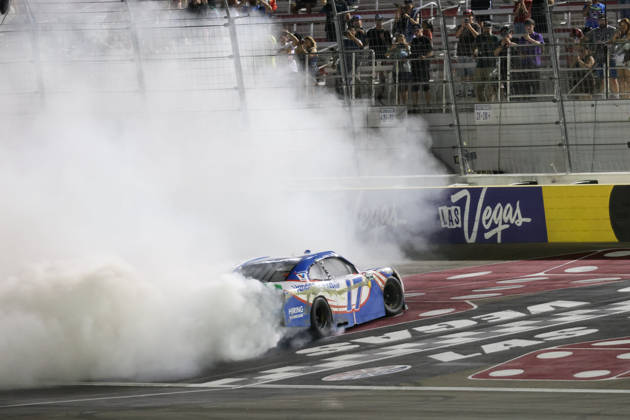LAS VEGAS, CA - OCTOBER 03: Corey Day ( 17 Hendrick Motorsports HendrickCars.com Chevrolet) celebrates with a burnout after winning the Focused Health 302 NASCAR, Motorsport, USA O™Reilly Auto Parts Series race on October 3, 2026, at Las Vegas Motor Speedway in Las Vegas, NV. (Photo by Marc Sanchez LVMS Icon Sportswire) AUTO: OCT 03 NASCAR O™Reilly Auto Parts Series Focused Health 302 EDITORIAL USE ONLY Icon14426100315434