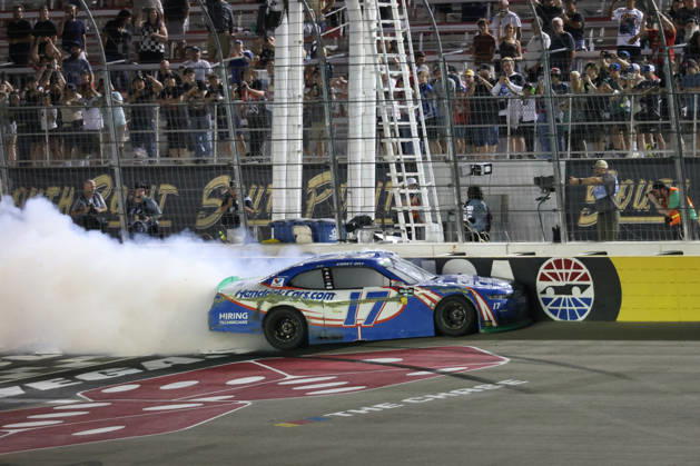 LAS VEGAS, CA - OCTOBER 03: Corey Day ( 17 Hendrick Motorsports HendrickCars.com Chevrolet) celebrates with a burnout after winning the Focused Health 302 NASCAR, Motorsport, USA O™Reilly Auto Parts Series race on October 3, 2026, at Las Vegas Motor Speedway in Las Vegas, NV. (Photo by Marc Sanchez LVMS Icon Sportswire) AUTO: OCT 03 NASCAR O™Reilly Auto Parts Series Focused Health 302 EDITORIAL USE ONLY Icon14426100315470