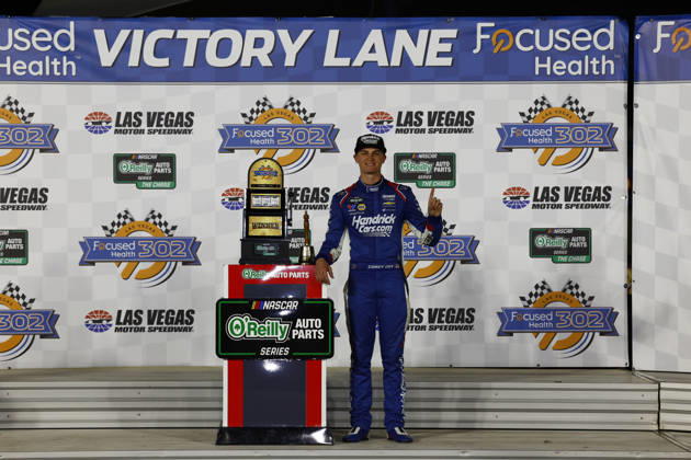 LAS VEGAS, CA - OCTOBER 03: Corey Day ( 17 Hendrick Motorsports HendrickCars.com Chevrolet) celebrates in victory lane with the trophy after winning the Focused Health 302 NASCAR, Motorsport, USA O™Reilly Auto Parts Series race on October 3, 2026, at Las Vegas Motor Speedway in Las Vegas, NV. (Photo by Jeff Speer LVMS Icon Sportswire) AUTO: OCT 03 NASCAR O™Reilly Auto Parts Series Focused Health 302 EDITORIAL USE ONLY Icon26100319239