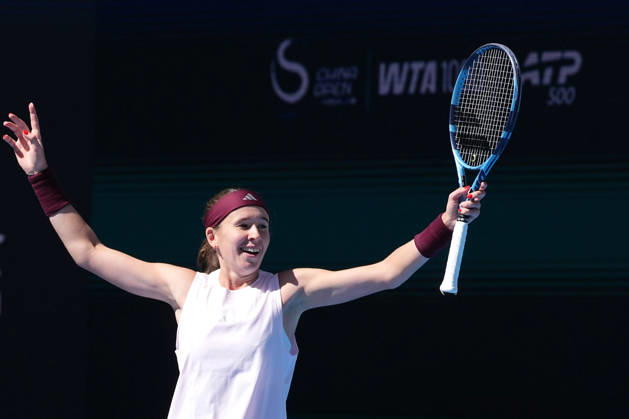 (261004) -- BEIJING, Oct. 4, 2026 -- Nikola Bartunkova celebrates after winning the women s singles third round match between Aryna Sabalenka of Belarus and Nikola Bartunkova of the Czech Republic at 2026 China Open tennis tournament in Beijing, China, Oct. 4, 2026. ) (SP)CHINA-BEIJING-TENNIS-CHINA OPEN-WOMEN S SINGLES(CN) JuxHuanzong