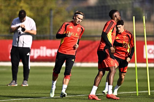 France v Belgium - UEFA Nations League 2026 Media Activities 04 10 2026 TUBIZE, BELGIUM - OCTOBER 04 : Godts Mika forward of Belgium, Lukebakio Dodi forward of Belgium and Sabbe Kyriani defender of Belgium pictured during a training session ahead of the UEFA Nations League tournament league phase matchday 4 group A1 match between France and Belgium on October 4, 2026 in Tubize, Belgium, 04 10 2026 Tubize Belgium Copyright: xTomasxSiskx