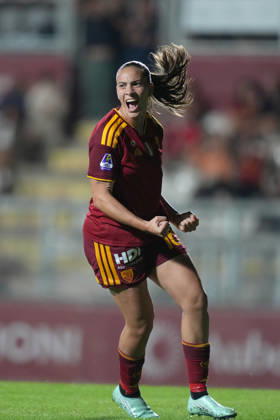 Roma™s Alice Corelli celebrates after scoring during the Serie A Women soccer match between Roma and Lazio at the Rome s Tre Fontane stadium, Italy - Saturday October 3, 2026 - Soccer ( Photo by Alfredo Falcone LaPresse ) Copyright: xAlfredoxFalcone LaPressex