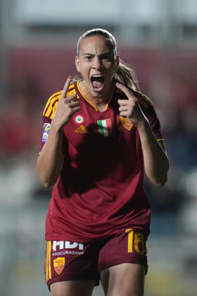 Roma™s Alice Corelli celebrates after scoring during the Serie A Women soccer match between Roma and Lazio at the Rome s Tre Fontane stadium, Italy - Saturday October 3, 2026 - Soccer ( Photo by Alfredo Falcone LaPresse ) Copyright: xAlfredoxFalcone LaPressex