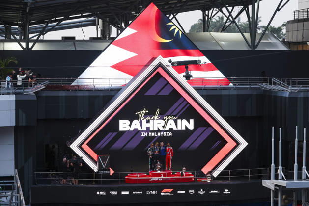 F1 - BAHRAIN GRAND PRIX IN MALAYSIA 2026 Podium, KIMI ANTONELLI Andrea (ita), Mercedes AMG F1 Team W16, VERSTAPPEN Max (nld), Red Bull Racing Ford RB22, LECLERC Charles (mco), Scuderia Ferrari SF-26, portrait during the 2026 Formula 1 Bahrain Grand Prix in Malaysia, 16th round of the 2026 Formula One World Championship, WM, Weltmeisterschaft from October 2 to 4, 2026 on the Sepang International Circuit, in Sepang, Malaysia - SepangMalaysia Copyright: xDPPIx