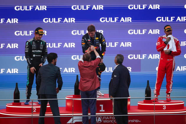 F1 - BAHRAIN GRAND PRIX IN MALAYSIA 2026 podium KIMI ANTONELLI Andrea (ita), Mercedes AMG F1 Team W17, VERSTAPPEN Max (nld), Red Bull Racing Ford RB22, HAMILTON Lewis (gbr), Scuderia Ferrari SF-26, portrait during the 2026 Formula 1 Bahrain Grand Prix in Malaysia, 16th round of the 2026 Formula One World Championship, WM, Weltmeisterschaft from October 2 to 4, 2026 on the Sepang International Circuit, in Sepang, Malaysia - SepangMalaysia Copyright: xANTONINxVINCENTx