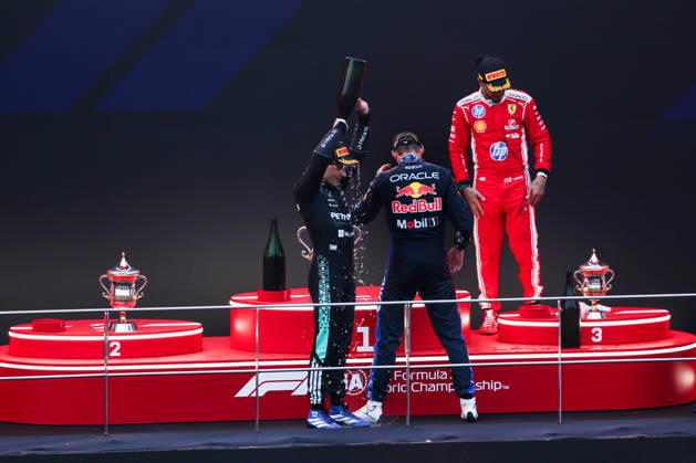F1 - BAHRAIN GRAND PRIX IN MALAYSIA 2026 podium KIMI ANTONELLI Andrea (ita), Mercedes AMG F1 Team W17, VERSTAPPEN Max (nld), Red Bull Racing Ford RB22, HAMILTON Lewis (gbr), Scuderia Ferrari SF-26, portrait during the 2026 Formula 1 Bahrain Grand Prix in Malaysia, 16th round of the 2026 Formula One World Championship, WM, Weltmeisterschaft from October 2 to 4, 2026 on the Sepang International Circuit, in Sepang, Malaysia - SepangMalaysia Copyright: xANTONINxVINCENTx