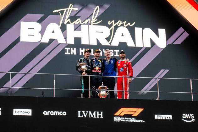 F1 - BAHRAIN GRAND PRIX IN MALAYSIA 2026 podium VERSTAPPEN Max (nld), Red Bull Racing Ford RB22, portrait KIMI ANTONELLI Andrea (ita), Mercedes AMG F1 Team W17, portrait HAMILTON Lewis (gbr), Scuderia Ferrari SF-26, portrait during the 2026 Formula 1 Bahrain Grand Prix in Malaysia, 16th round of the 2026 Formula One World Championship, WM, Weltmeisterschaft from October 2 to 4, 2026 on the Sepang International Circuit, in Sepang, Malaysia - SepangMalaysia Copyright: xALBERTOxVIMERCATIx