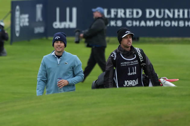 RECORD DATE NOT STATED 4th October 2026; Old Course at St Andrews, St Andrews, Scotland; DP World Tour Golf, Alfred Dunhill Links Championship, Final Day; Matthew Jordan and his caddie Chris Simmons walk up the fairway on the 2nd hole AlecxBrown