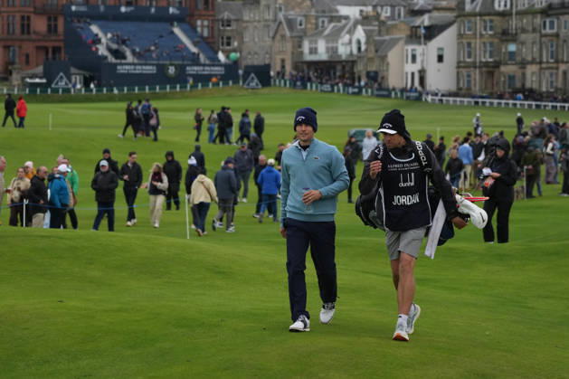 RECORD DATE NOT STATED 4th October 2026; Old Course at St Andrews, St Andrews, Scotland; DP World Tour Golf, Alfred Dunhill Links Championship, Final Day; Matthew Jordan and his caddie Chris Simmons walk up the fairway on the 2nd hole AlecxBrown