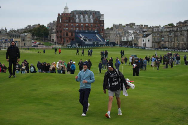 RECORD DATE NOT STATED 4th October 2026; Old Course at St Andrews, St Andrews, Scotland; DP World Tour Golf, Alfred Dunhill Links Championship, Final Day; Matthew Jordan and his caddie Chris Simmons walk up the fairway on the 2nd hole AlecxBrown