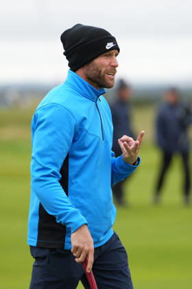 RECORD DATE NOT STATED 4th October 2026; Old Course at St Andrews, Mount Melville, Scotland; DP World Tour Golf, Alfred Dunhill Links Championship, Final Day; James Milner, former professional football player gestures 3 that he has played 3 shots on the 17th hole AlecxBrown
