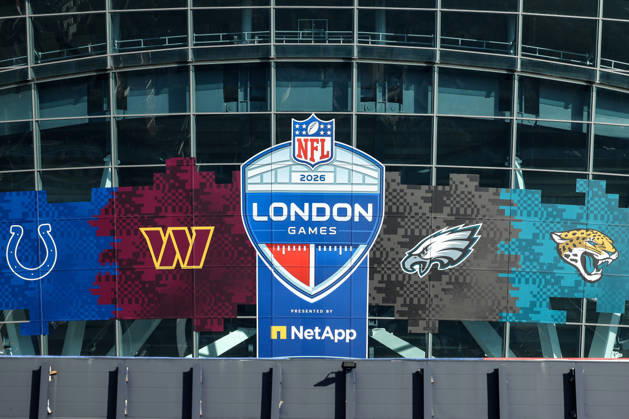 4th October 2026; Tottenham Hotspur Stadium, London, England; NFL, American Football Herren, USA International Series American Football, Washington Commanders versus Indianapolis Colts; A detail view of the NFL shield outside the Tottenham Hotspur Stadium HenningxVonxJagow