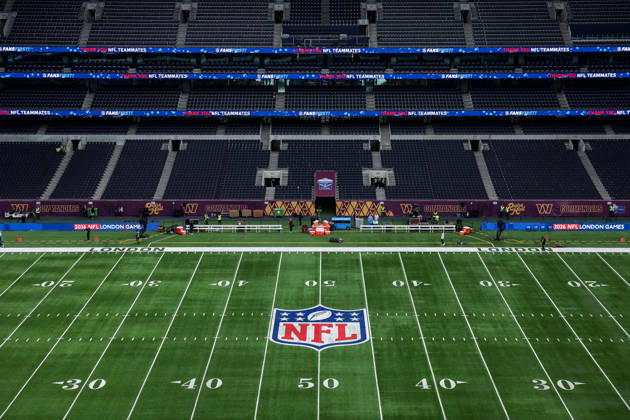 4th October 2026; Tottenham Hotspur Stadium, London, England; NFL, American Football Herren, USA International Series American Football, Washington Commanders versus Indianapolis Colts; A detail view of the NFL shield on the grass HenningxVonxJagow
