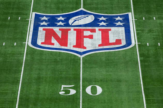 4th October 2026; Tottenham Hotspur Stadium, London, England; NFL, American Football Herren, USA International Series American Football, Washington Commanders versus Indianapolis Colts; A detail view of the NFL shield on the grass HenningxVonxJagow