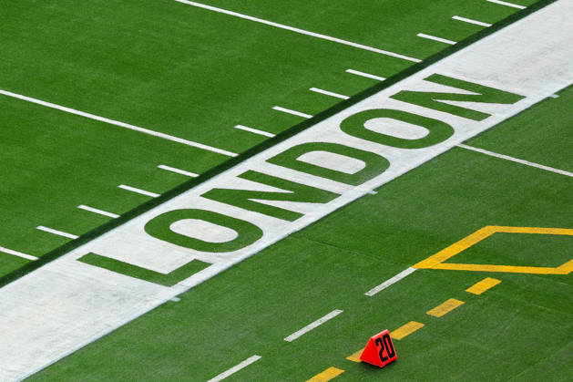 4th October 2026; Tottenham Hotspur Stadium, London, England; NFL, American Football Herren, USA International Series American Football, Washington Commanders versus Indianapolis Colts; A detail view of the letters reading & x201e;London& x201c; on the grass HenningxVonxJagow
